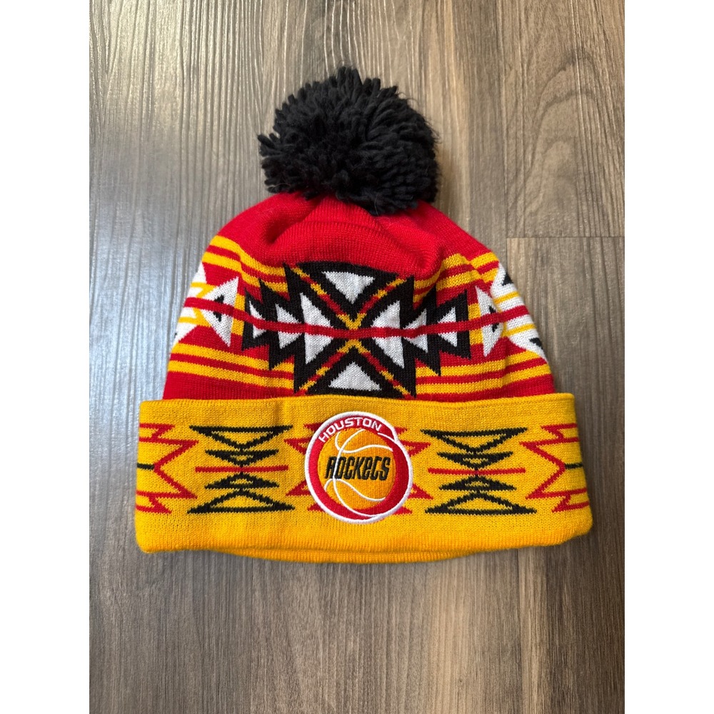 Mitchell & Ness Houston Rockets Beanie Unisex OSFM Red Yellow Aztec Knit Hat